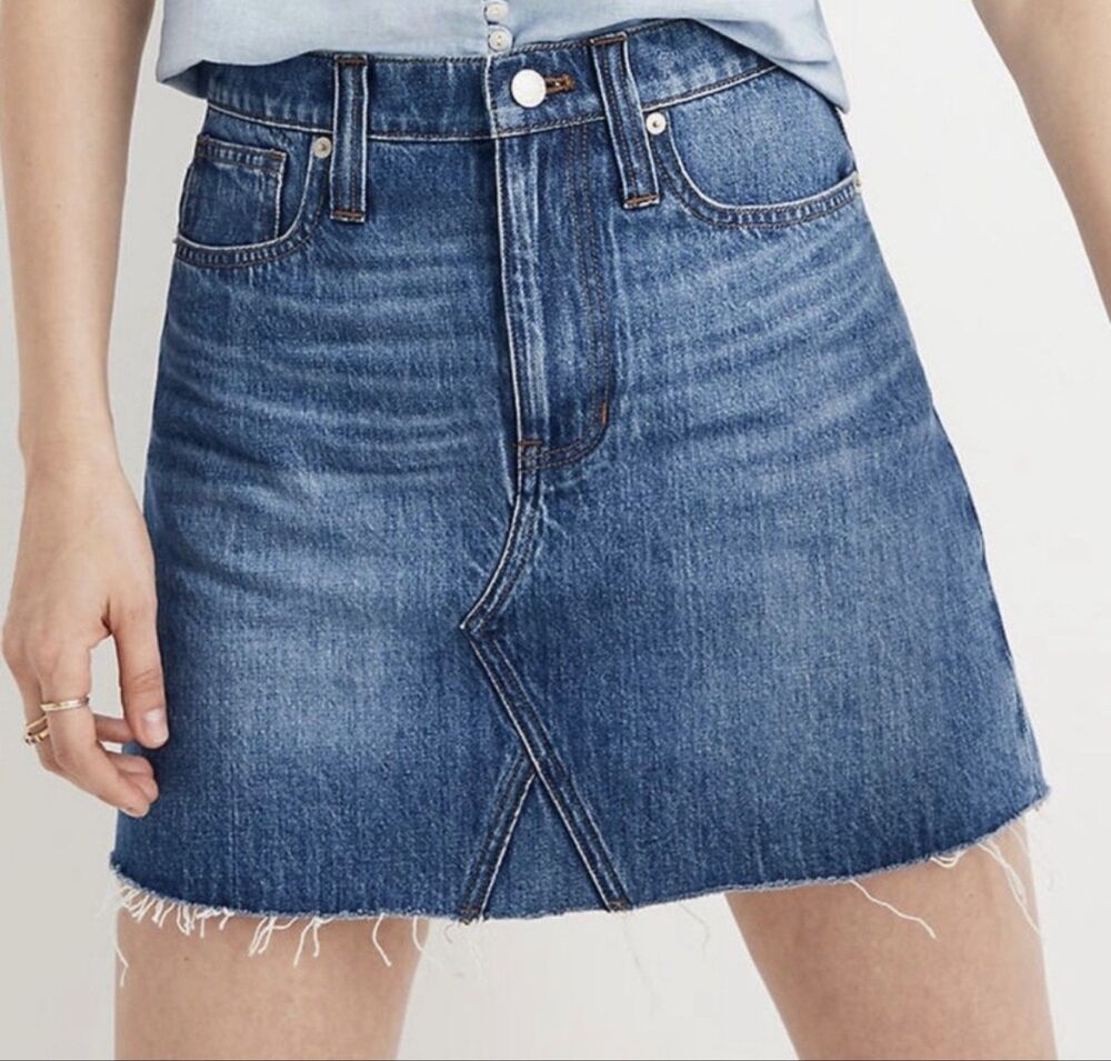 Madewell Rigid Denim A-Line Mini Skirt High Rise Raw Hem Medium Wash sz 31